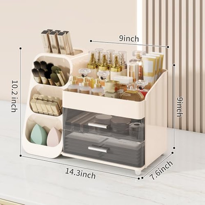 Makeup Organizer for Vanity,Vanity Organizer with Drawers and Brush Holder,Bathroom Make Up Organizer Countertop,Large Cosmetic Organizer for Skincare, Perfume,Lipsticks,Nail Polish (Cream)