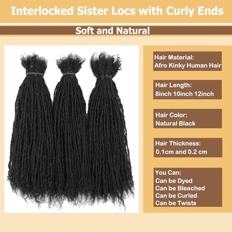 8-12 Inch Sister locs Human Hair Handmade Interlock Locs Curly Tips Sister Locs Real Human Hair Microlocs Extensions Permanent Dreadlock Extensions Natural Soft Looking(0.2cm,8 Inch-70 Strands)