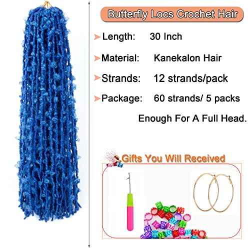 Blue Butterfly Locs Crochet Hair,30 Inch 5 Packs Pre Looped Distressed Faux Locs Crochet Hair For Women,Prelooped Soft Butterfly Locks Crochet Braids,Synthetic Braiding Hair(30¡±,5packs,Blue#)
