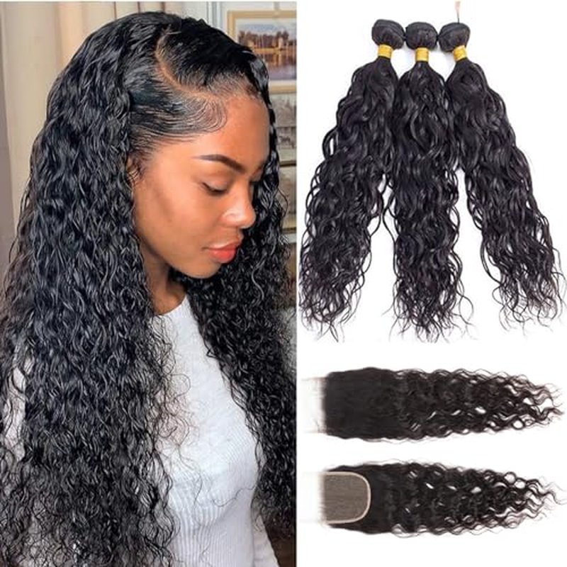 12A Water Wave Bundles with Closure Human Hair (12 14 16+10") 100% Unprocessed Virgin Brazilian Human Hair Wave 3 Bundles with 4¡¿4 Lace Closure Natural Color