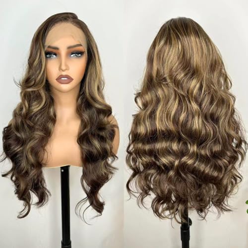Ombre Brown Highlight Lace Front Wigs 13X6 Body Wave Synthetic Lace Front Wig For Black Women Highlight Wavy Wigs HD Glueless Lace Frontal Wigs Free Part Ready To Wear Wig