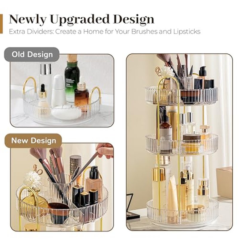 Aveniee 360¡Æ Rotating Makeup Organizer for Vanity, Perfume Skincare Bathroom Countertop Organizers, 3 Tier Spinning Skincare Storage with Brush Holder for Lipstick Cosmetic Lotion,White