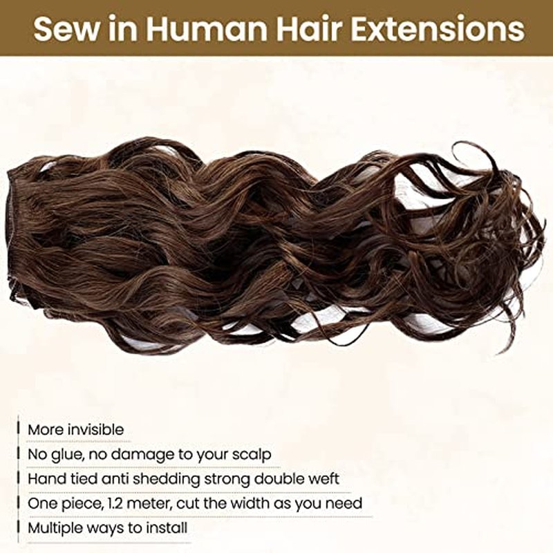 Sew in Hair Extensions Real Human Hair 24 Inch 120G Curly Weft Hair Extensions Human Hair #4 Medium Brown Natural Wave Sew in Human Hair Weft Weave Bundles Double Weft Hand Tied Weft Human Hair