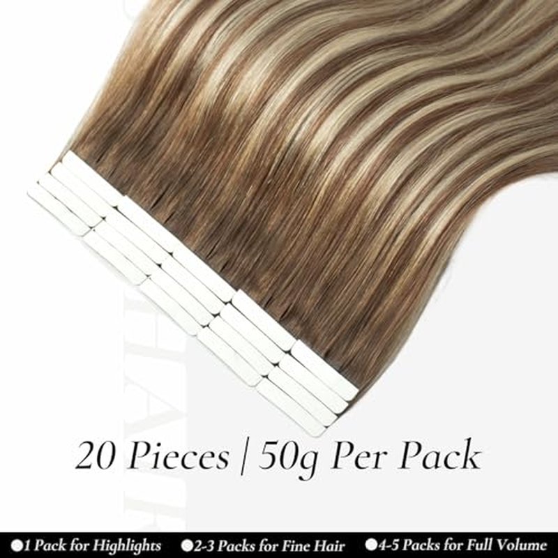 Tape in Hair Extensions Human Hair, 20pcs 50g 22 Inch Tape in Hair Extensions, Balayage Walnut Brown To Ash Brown Mix Light Blonde,Invisible Remy Silky Straight Real Natural Thick Human Hair