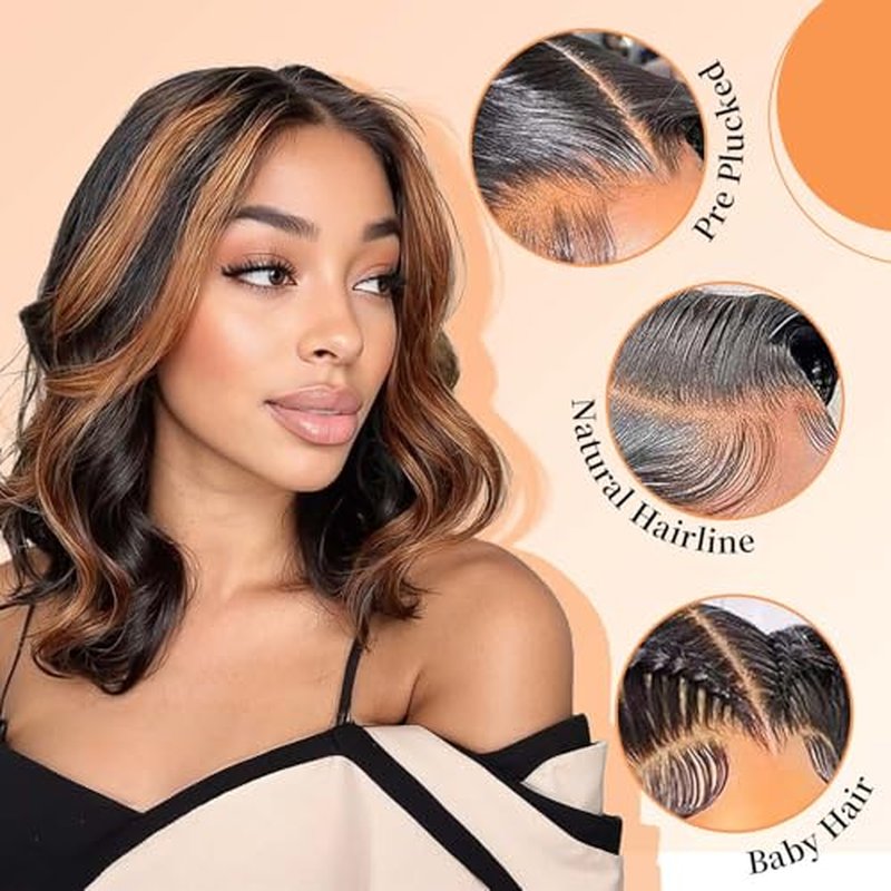 13x6 Highlight Body Wave Lace Front Wigs Human Hair 200% Density FB/30 Ombre Frontal Wigs Human Hair Pre Plucked Short Wigs for Black Women Glueless Balayage HD Lace Wig Loose Wavy 16 inch