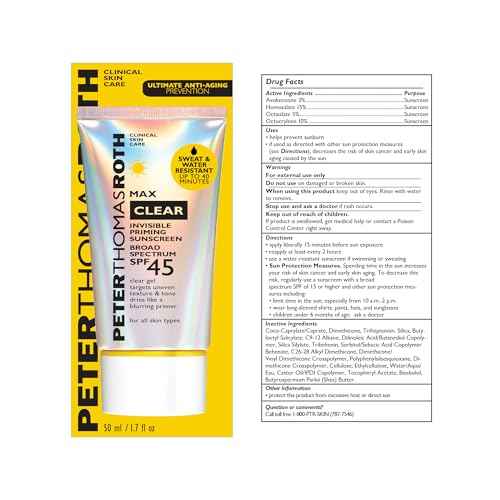 Peter Thomas Roth | Max Clear Invisible Priming Sunscreen Broad Spectrum SPF 45 | Makeup Primer with SPF, Water-Resistant Sunscreen Gel with Silky Finish, 1.7 fl. oz.