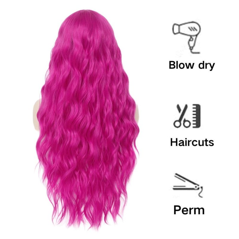 Siudus Hot Pink Long Lace Front Wigs for Women Curly Wavy Cosplay Wig Middle Part Synthetic Fibre Halloween Costume Party Wig