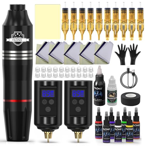 Wireless Tattoo Kit for Beginners - Tattoo Machine with 2pcs 1200 mAh Capacity Power Supply, Tattoo Pen Kit with 10Pcs Tattoo Cartridge Needles Transfer Papers and 3mm Tatoo Practice Skin