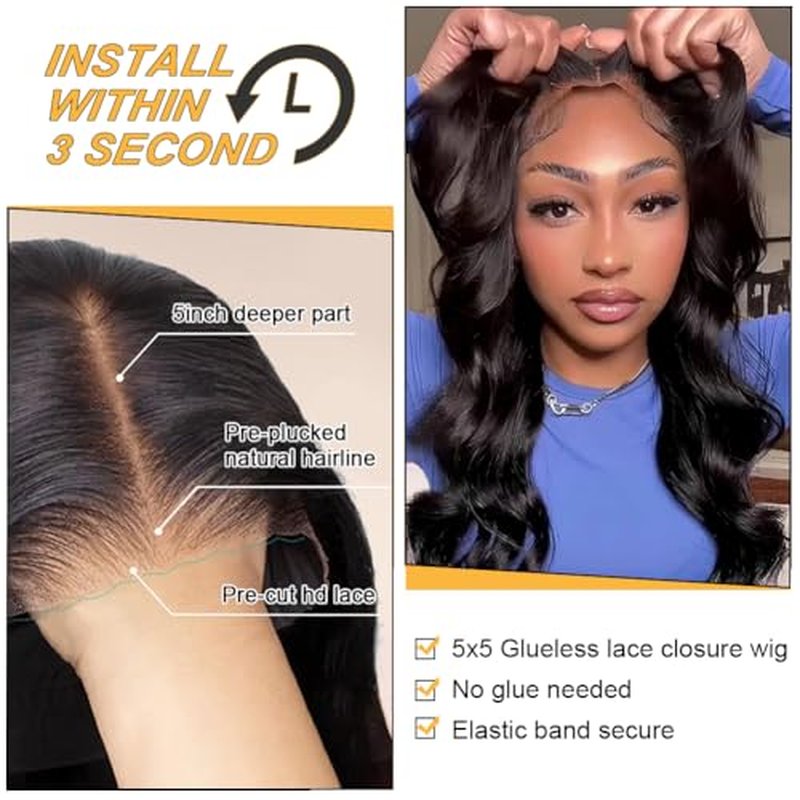 5x5 Hd Lace Closure Wigs Human Hair Pre Cut Lace Glueless Wig Wear and Go Wigs Human Hair Pre Plucked 180 Density Body Wave Lace Front Wigs Human Hair Glueless for Women Natural Hairline