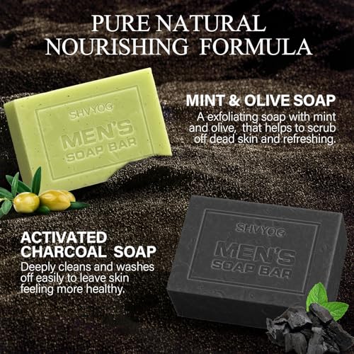 SHVYOG Mens Soap, 4 Pack Mens Bar Soap, Gift for Men Natural Cold Pressed Handmade Exfoliating Soap, Deep Cleansing, Moisturizing Bar Soap, Sandalwood Amber, Mint, Charcoal, Turmeric - 150G*4