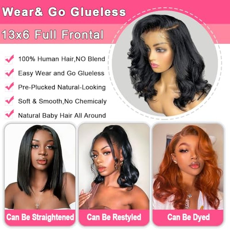 16 Inch 13x6 Bob Wig Human Hair 200 Density HD Lace Front Wigs Human Hair Body Wave Lace Front Wigs Human Hair Wig Short Bob Wigs for Black Women Glueless Wigs Pre Plucked with Baby Hair