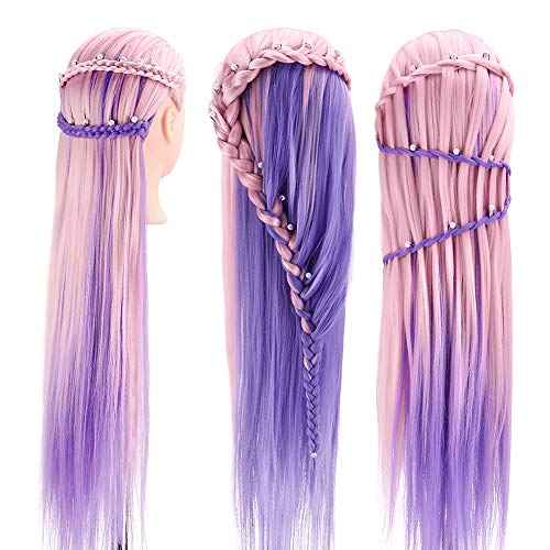 TopDirect 29" Mannequin Head with Hair,Doll Head for Cosmetology Hair Styling Training Head,Manikin Braiding Head With Clamp Holder and Styling Tools (Pink Purple)