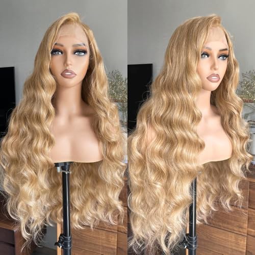 Honey Blonde 13x6 Lace Front Wig 32 Inch Loose Wave Brown Mixed Color Glueless Synthetic Pre Plucked for Black Women HD Lace 150% Density Long