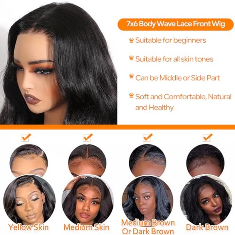 CHEETAHBEAUTY 7x6 Glueless Wigs Human Hair Pre Plucked Pre Cut 16 Inch Body Wave Lace Front Wigs Human Hair for Women 7x6 HD Lace Closure Wigs with Elastic Drawstring 200% Density Natural Color