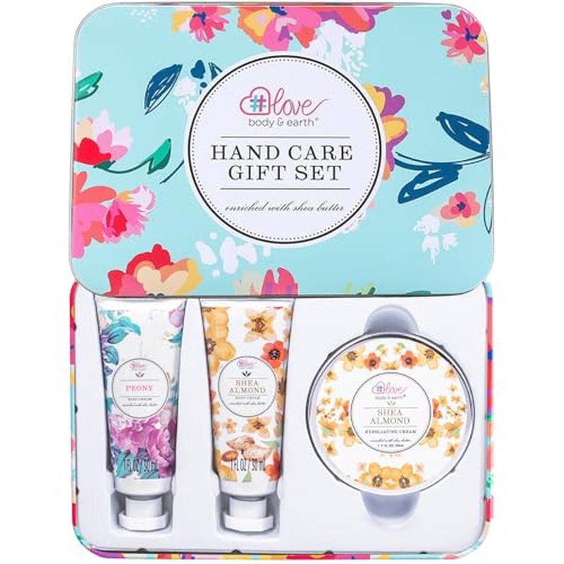 BODY & EARTH # LOVE Hand Cream Gift Set for Women, Hand Lotion Gift for Mothers Day, Travel Size Lotion, Repair & Moisture Dry Hands, 2 Hand Cream & Exfoliating Cream, Skin Care Birthday Gift for Her