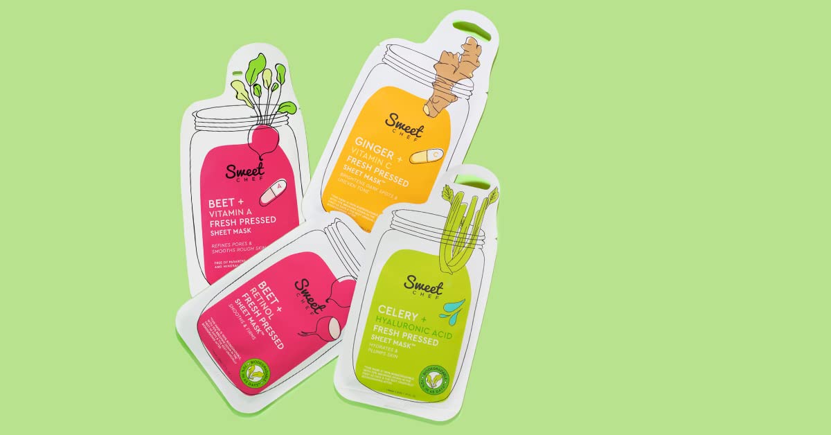 Sweet Chef Beet + Vitamin A Fresh Pressed Sheet Mask - Beet Extract Moisturizing Face Mask for Soft Smooth Skin + Pore Minimizing Antioxidant Vitamin A for Aging & Glowing Skin (Sheet Mask Pack of 5)