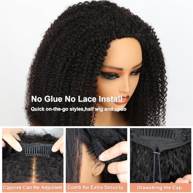 Domiso Afro Kinky Curly 3 In 1 Half Wig with Elastic Band Seamless Kinky Curly Flip Over Beginner Friendly Glueless Wear & Go Drawstring Band Clip in Wig Human Hair Black Color 18 Inch