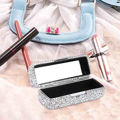Rhinestone Lipstick Case with Mirror, Bling Crystal Lipstick Case Diamonds Makeup Cosmetic Storage Box Holder for Purse Ladies Fashion (Silver Color)