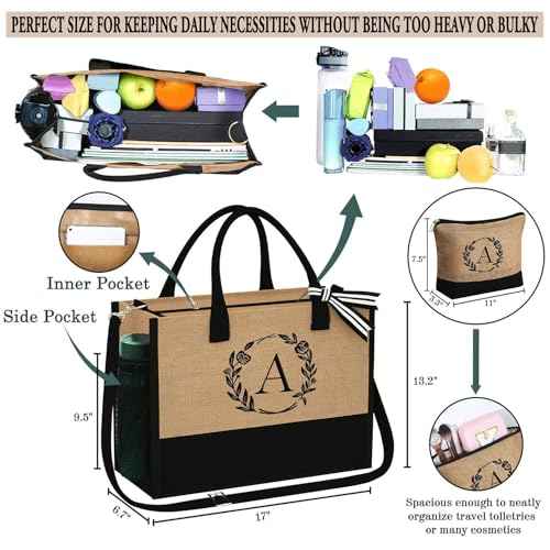 YOOLIFE Personalized Gifts for Women - Initial Jute Tote Bag & Makeup Bag, Birthday Gifts for Women Mom Wife Teacher Friend