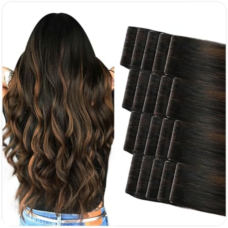 SUYYA Invisible Tape in Hair Extensions Human Hair Seamless Injected Hand-Tied Pro Virgin Human Hair Tape Ins Balayage Natural Black to Chestnut Brown 20PCS 40G/Pack Straight(16 inch #P1B/6/T1B)
