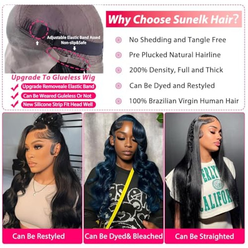 Sunelk 200 Density 13x6 Lace Front Wigs Human Hair 22 Inch Body Wave HD Lace Front Wigs Human Hair Pre Plucked Glueless Wigs Human Hair Pre Plucked Lace Frontal Wigs for Women