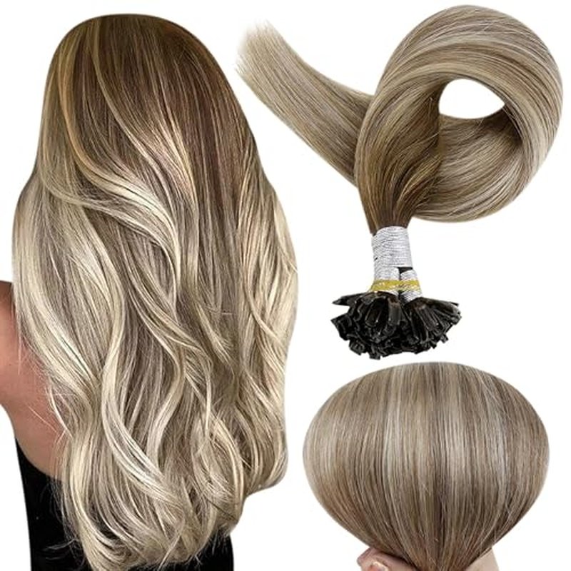 Full Shine U Tip Hair Extensions Human Hair 24 Inch Medium Brown Fading to Honey Blonde Highlighted Ash Brown K Tip Hair Extensions Real Human Hair 50 Grams Prebonded Fusion Extensions add Length