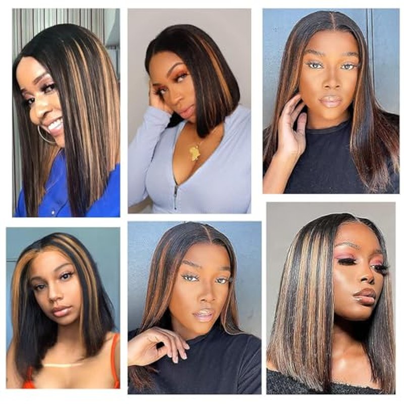 Stylish Highlight Bob Wig 1b30 Human Hair 13x4 Frontal Lace Preplucked Colored Bob Wigs Transparent Lace Short Style Bobbing Wig (13X4 1b30 BOB, 14 INCH)
