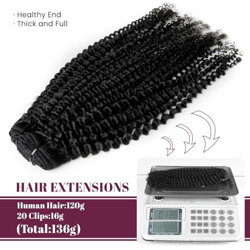 KRN Clip in Real Human Hair, 136g 8pcs Natural Black Hair Extensions Clip ins for Black Women Full And Thick Kinky Curly Clip in Human Hair Extensions 20 Clips Easy to Wear 16 Inch