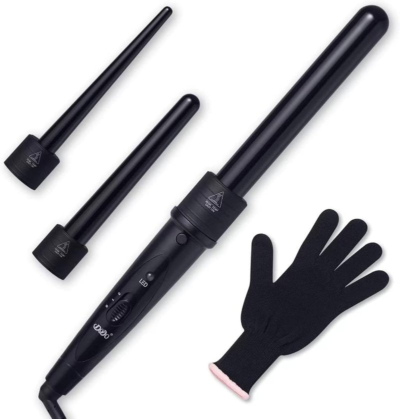 Tourmaline 3-in-1 Curling Wand Set | Interchangeable Ceramic Barrels & Heat Resistant Glove - Black