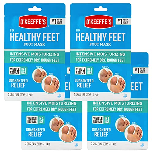 O'Keeffe's for Healthy Feet Intensive Moisturizing Foot Mask; Guaranteed Relief for Extremely Dry; Rough Feet; One Pair Single-Use Hydrating Foot Mask Socks; (Pack of 4)