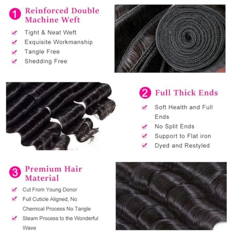 Loose Deep Wave 4 Bundles Human Hair(14 16 18 20 Inch)12A Grade 100% Unprocessed Human Hair Bundles Brazilian Loose Deep Wave Bundles Human Hair for Black Women Natural Color