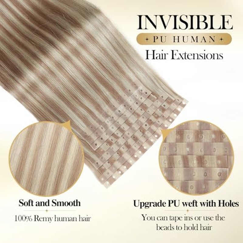 Invisible PU Hole Weft Human Hair Extensions Seamless Skin Weft Bead Hair Extensions for Women Dual-Use Tape in Weft Hair Extension 8PCS 70g 18/613 Highlight Blonde Real Human Hair (8Pcs,18 Inch)