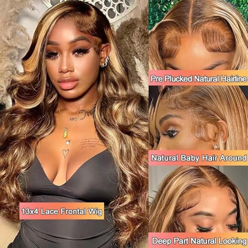 Ombre Highlight Lace Front Wigs Human Hair Body Wave 26 Inch 13x4 HD Transparent Ombre Lace Front Wig Human Hair Wear and Go Glueless Wig Colored 4/27 Highlight HD Lace Frontal Wigs for Black Women