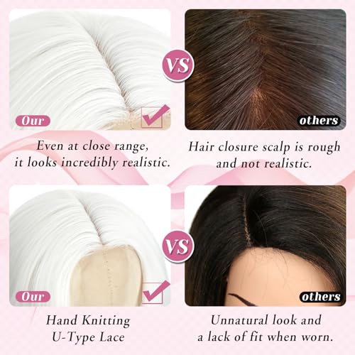 MYQUEEN White Wig for Women Long Wavy Wig 26 Inch Glueless Curly Synthetic Lace Front Wig Middle Part Natural Looking Heat Resistant Fiber Wig for Party Holloween Cosplay