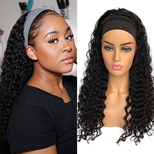XSY Headband Wig Human Hair Deep Wave Human Hair Wigs 24 Inch Virgin Brazilian None Lace Front Wig Glueless Machine Made Wigs for Black Women Natural Colour