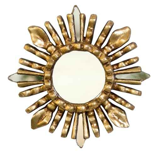 Artisan Small Round Wall Mirror 6in - Peruvian Accent Wood Gold Leaf Sunburst Mirror for Wall Decor (Gold)