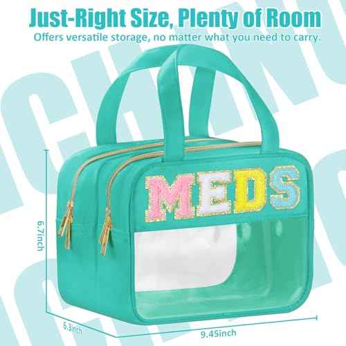 Chenille Letter Clear Medicine Bags, Makeup Bag for Travel, Preppy Patch Nylon Cosmetic Meds Pouch with Handles and Zipper, Waterproof Large Clear Travel Toiletry Purse Storage for Women Green