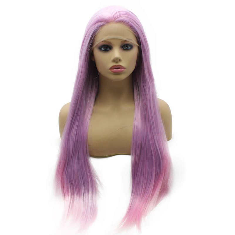 iwonawig Long Straight Pastel Purple Synthetic Lace Front Hair Wig Heat Resistant Fiber Hair