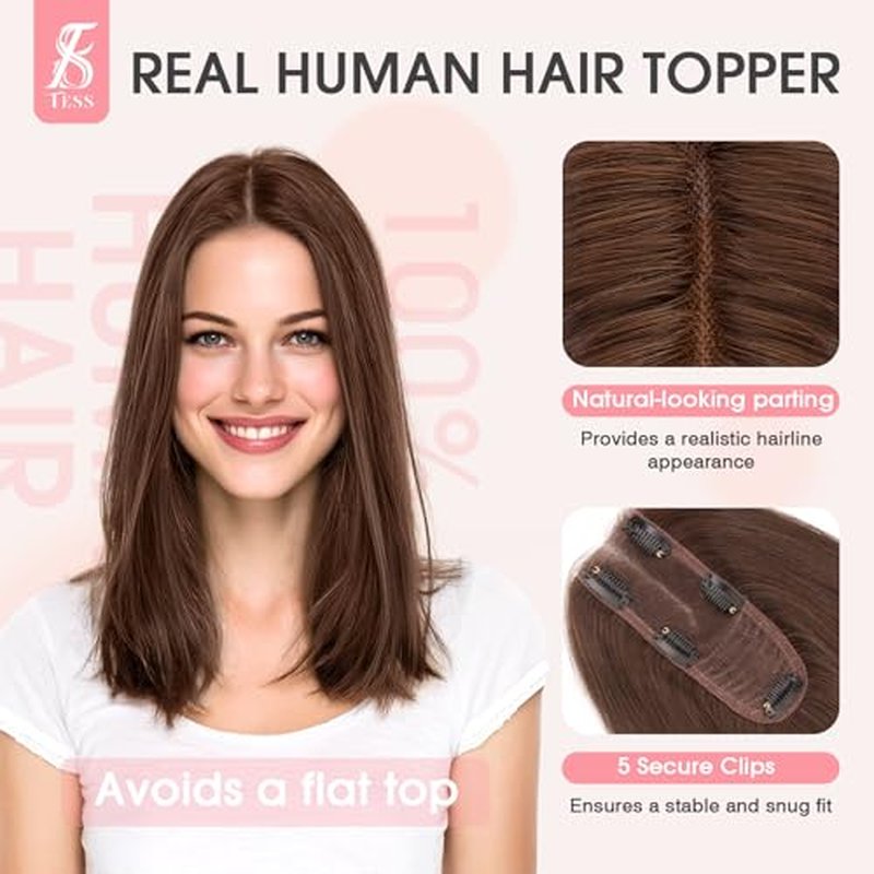 TESS Real Human Hair Topper, 10 Inch Medium Brown, 150% Density, Straight, Female, Hairpieces, Wig