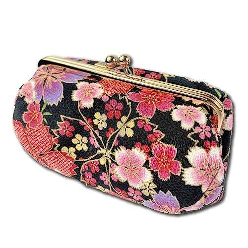 Kiss Lock Small Makeup Bag for Purse [ Made in Japan] Traditional Edo Komon Design Cute Cosmetic Pouch (Cherry blossom (Black))