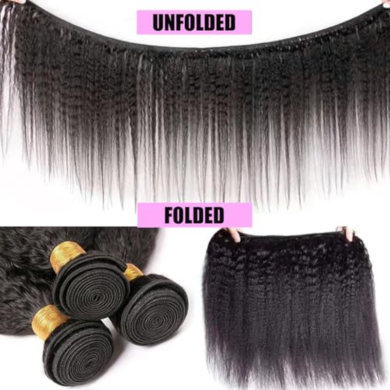 DMS Kinky Straight Hair 3 Bundles Yaki Straight Bundles Human Hair For Black Women 100% Unprocessed Brazilian Remy Hair Natural Black Color (20 22 24)