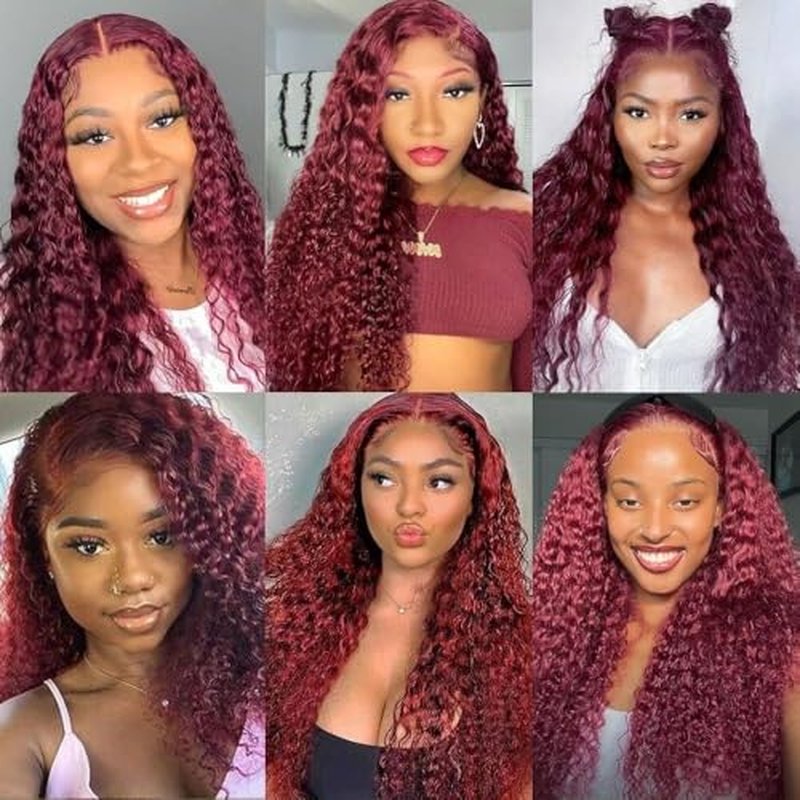 99j Burgundy Deep Wave Lace Front Wig Human Hair 13x4 200% Density Transparent Lace Frontal Wig Curly Wigs for Women Red Curly Wigs Pre Plucked with Baby Hair 99j Lace Front Wig (24inch)