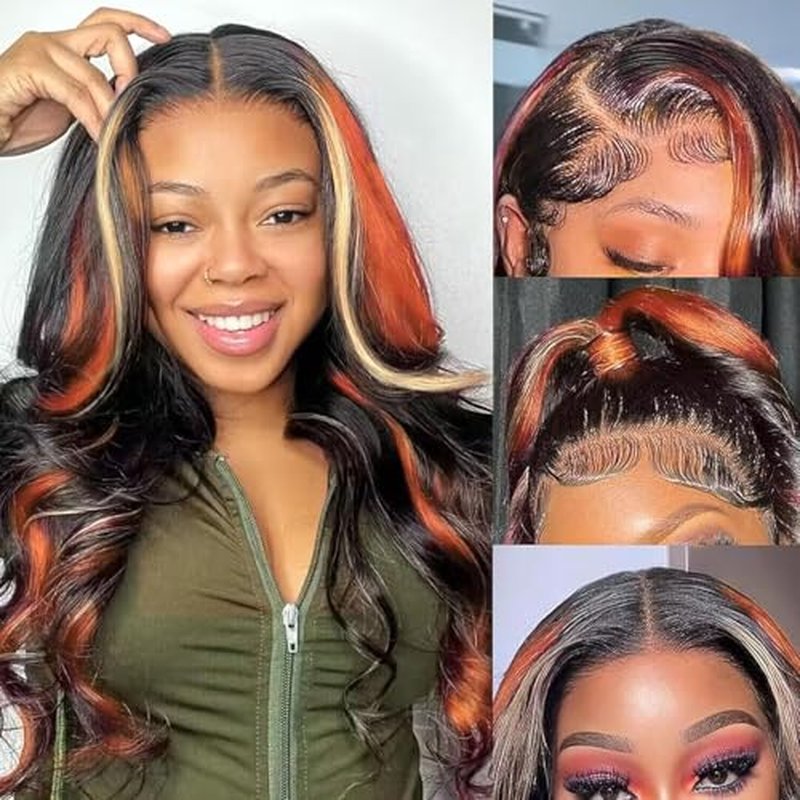 Black Ginger Blonde Highlight Wig Human Hair 13x4 Transparent Lace Front Skunk Stripe Wig Body Wave Glueless Pre Plucked Bleached Knots Lace Frontal Wig Black Honey Blonde Ginger Highlight Wig 20 Inch