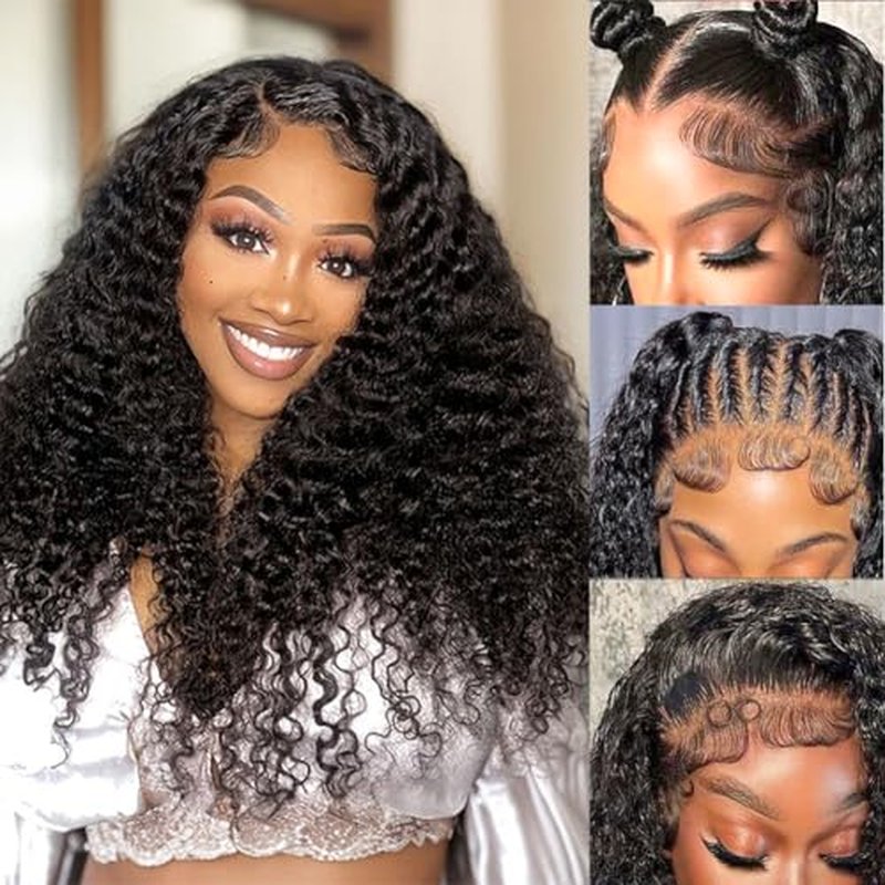 13x4 Deep Wave Lace Front Wigs Human Hair 200% Density Black Curly Human Hair Wig Long Natural Wigs for Black Women Transparent Lace Frontal Wig for Daily Wear 20 Inch