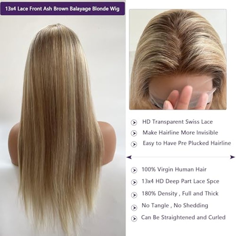 Ubetta Highlight Ash Blonde Wig Human Hair 13x4 HD Balayage Wigs Human Hair 180% Density Ash Brown to Ash Blonde Highlights Lace Front Wigs Human Hair Pre Plucked 20 Inch Human Hair Lace Front Wig