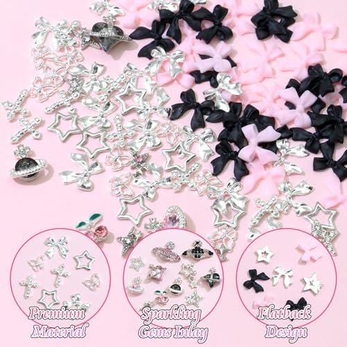 BELICEY 120Pcs 3D Nail Charms Pink Black Silver Bow Nail Charms Y2k Star Planet Cross Charms and Gems Pink Crystal Rhinestones Nail Jewelry for DIY Nail Art Design Crafts