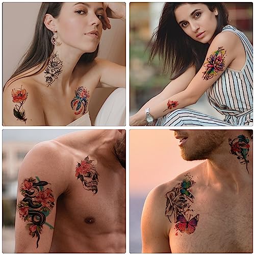 77 Sheets Flowers Temporary Tattoo, 17 Sheets Half Arm Rose Butterfly Snake Skull Fake Tattoos for Adults Arm Neck, 60 Sheets Tiny Realistic Temporary Tattoos Waterproof for Women Girls and Kids