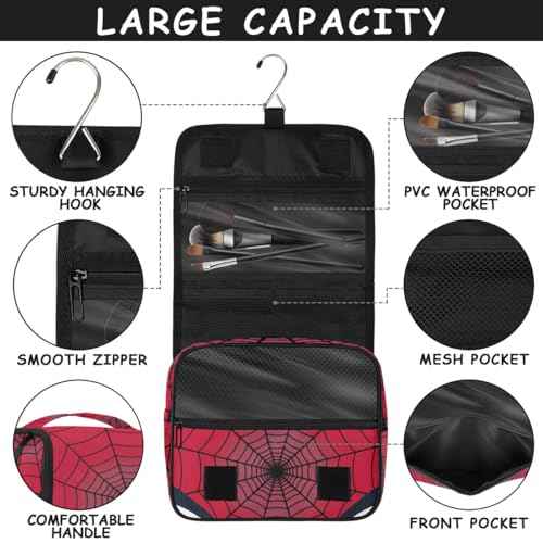 Kids Hanging Toiletry Bag for Boys - Waterproof Makeup Cosmetic Dopp Kit Spider Web Shaving Bags for Travel Picnic Camping