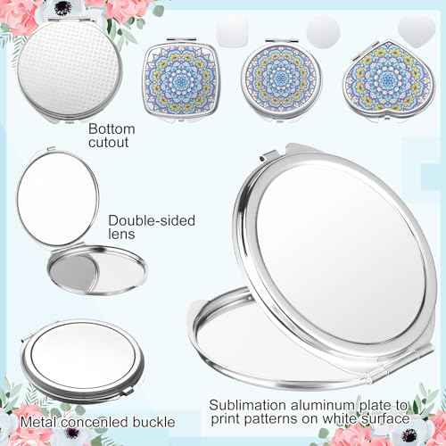 Jetec 18 Pcs Sublimation Blanks Products Small Compact Mirror Bulk Heat Transfer Folding Pocket Makeup Mirror Heart Round Square Double Sided Handheld Sublimation Mirror for Women Gift Purse Travel