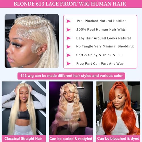 613 13x6 Lace Front Wig Human Hair Straight Blonde Lace Front Wigs Human Hair Pre Plucked with Baby Hair 180% Density 613 HD Lace Frontal Wig for Women 613 Blonde Wig 26 inch